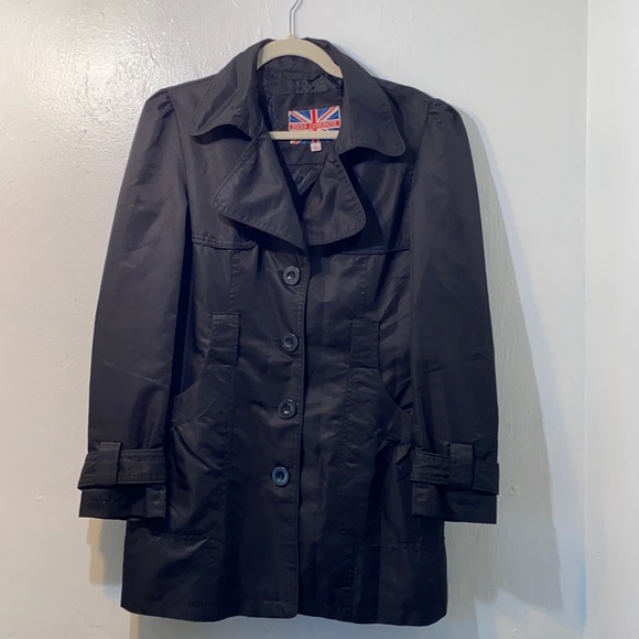 Miss London -Jet Black trench coat with puff shoulder and 2 pockets Size Large - Picture 1 of 8